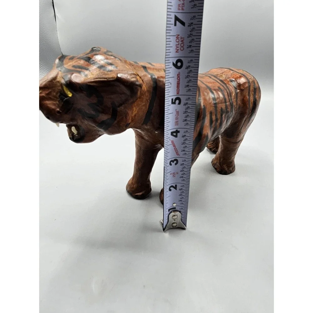 Vintage Leather Wrapped Paper Mache Bengal Tiger Figurine Yellow‎ Glass Eyes 11